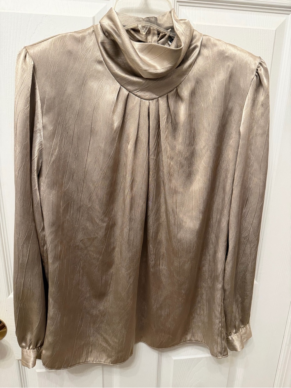 Elegant Metallic Taupe Satin High-Neck Women’s Blouse Vintage 90s